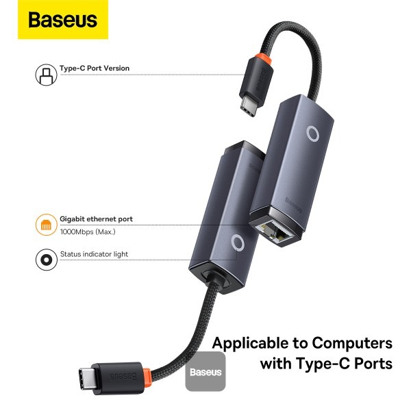 Baseus Lite Series Ethernet Adapter Type-C to RJ45 LAN Port (100Mbps Aluminum Alloy) Grey WKQX000213 - Image 3